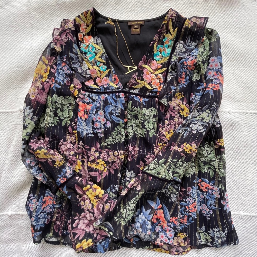 Anthropologie Ruffled Metallic Peasant Top